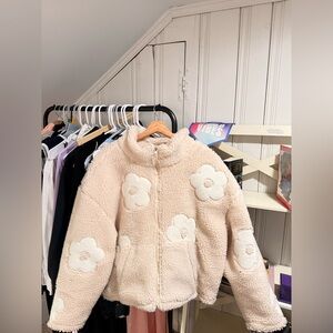 Floral Sherpa Jacket in Cream and White